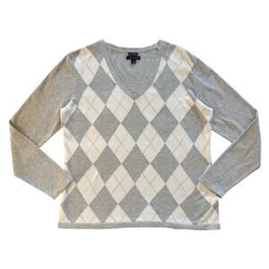 Tommy Hilfiger Sweater Gray White Argyle Diamond V-Neck Golf Preppy Womens XL